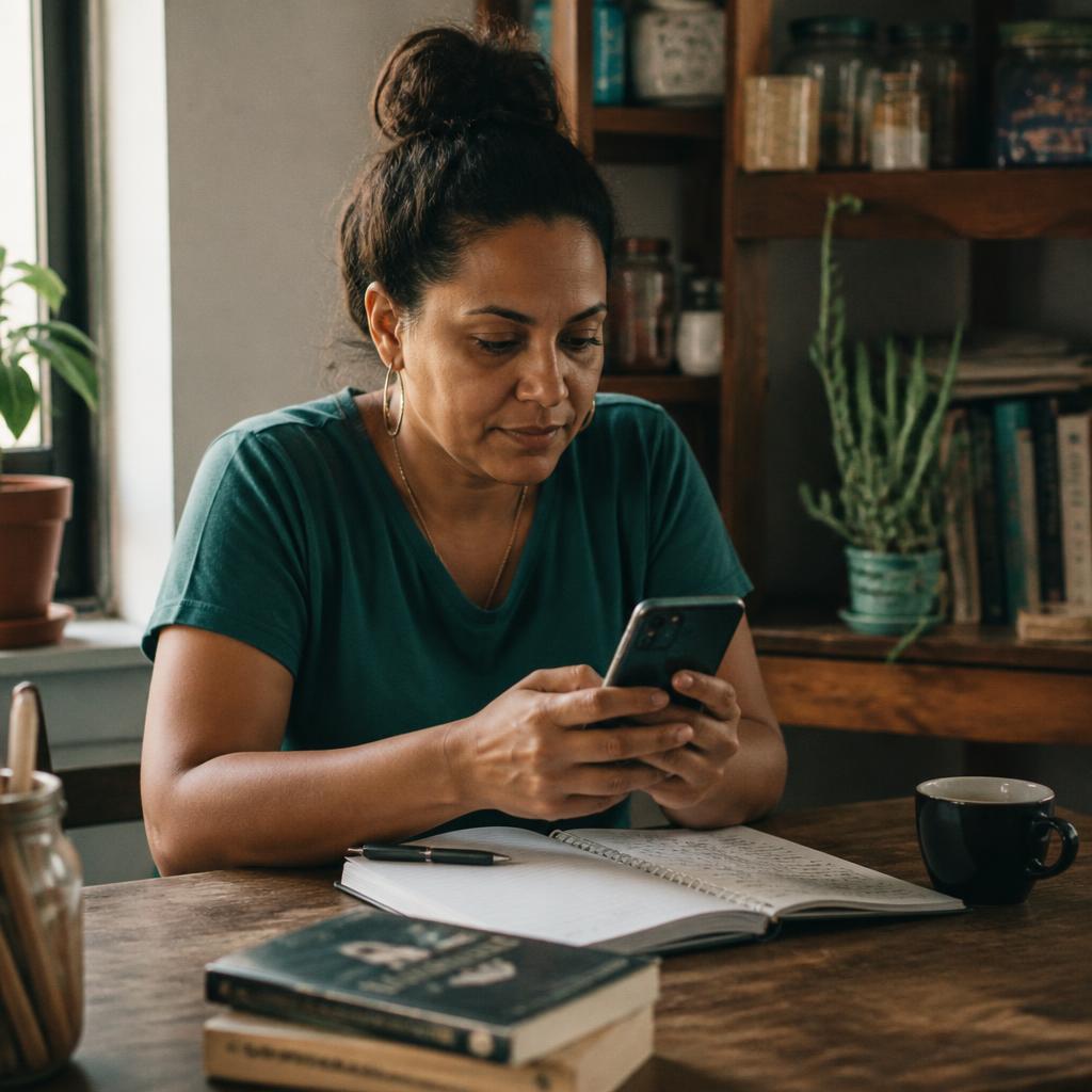 Mulher adulta estudando pelo celular à noite, na cozinha