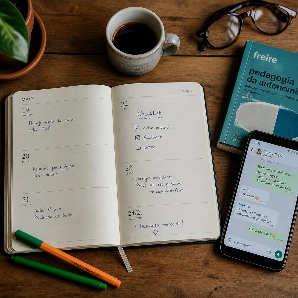 Mesa minimalista com checklist sendo marcada