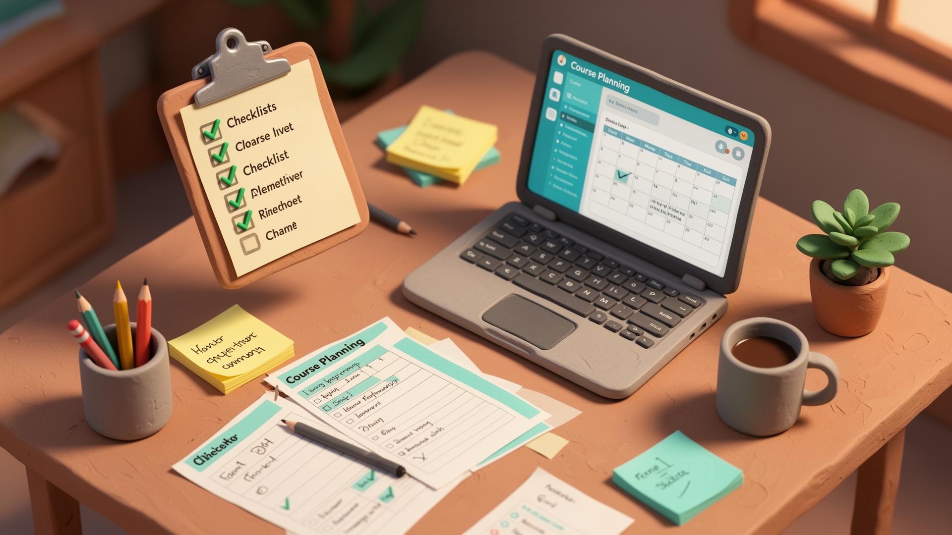 Mesa minimalista com checklist sendo marcada