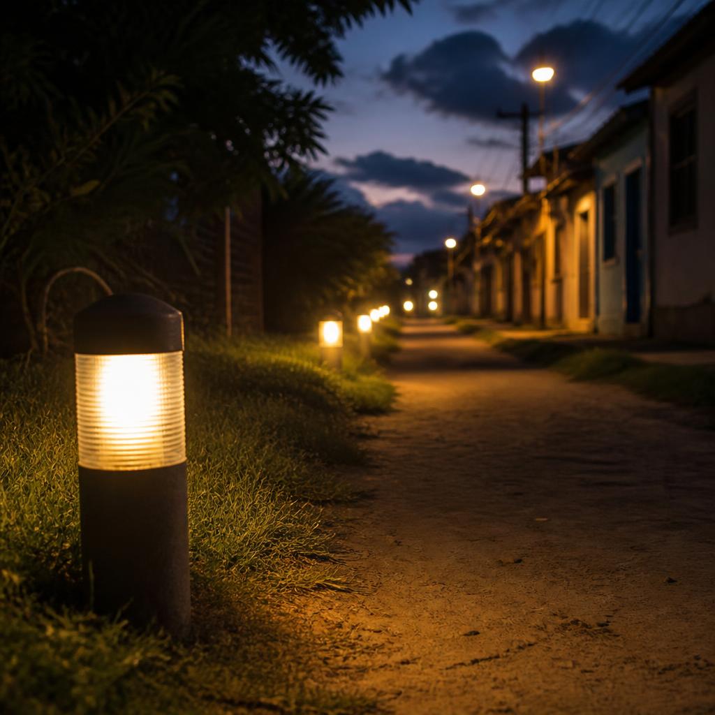 Caminho iluminado por pequenos marcos noturnos