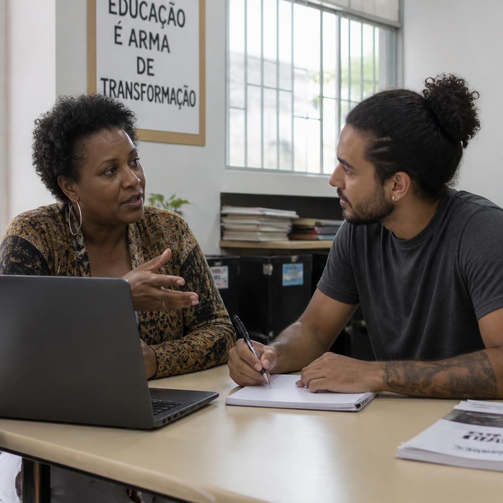 Mãos de um tutor digitando feedback no laptop, com post-its ao lado